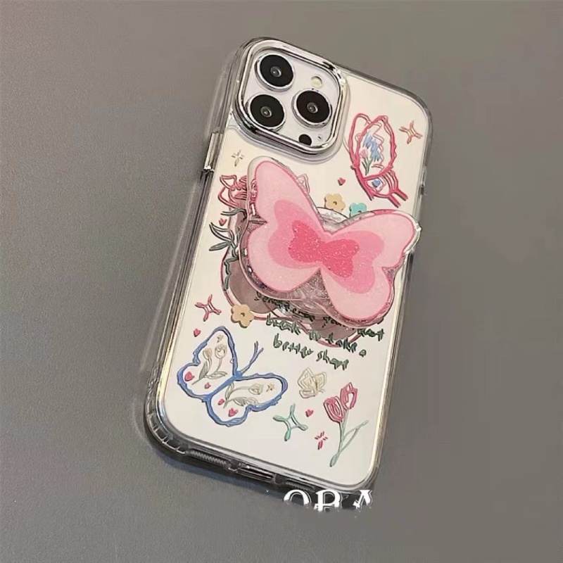 Ốp lưng điện thoại iphone girl pink butterfly stand dành cho 7 7plus 8 8plus xs xr 11 12 13 14 pro plus promax