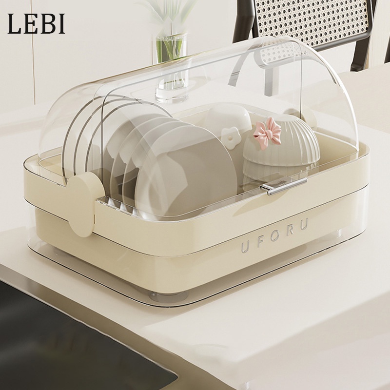 Giá úp bát đĩa ráo nước LEBI bằng nhựa sức chứa lớn với nắp đậy chống bụi đa năng cho gia đình