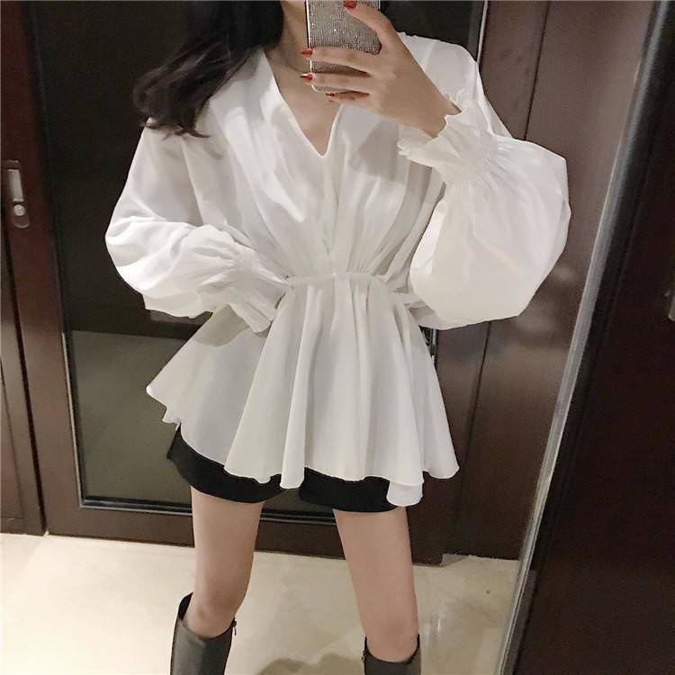 Áo cánh dơi nữ mùa xuân 2023 áo cánh dơi v-cổ - áo sơ mi quấn eo vừa vặn