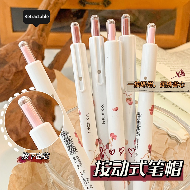 6 chiếc đóng hộp 0,5mm dòng hoa hồng lãng mạn bút gel có thể thu vào văn phòng trường mực đen st tip bút ký