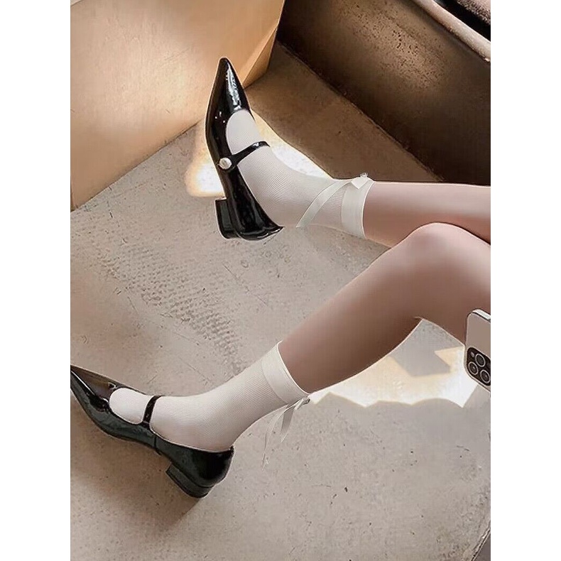 Vớ nơ phong cách múa ba lê mùa xuân và mùa thu tất mỏng dài trung bình phiên bản hàn quốc vớ xếp chồng