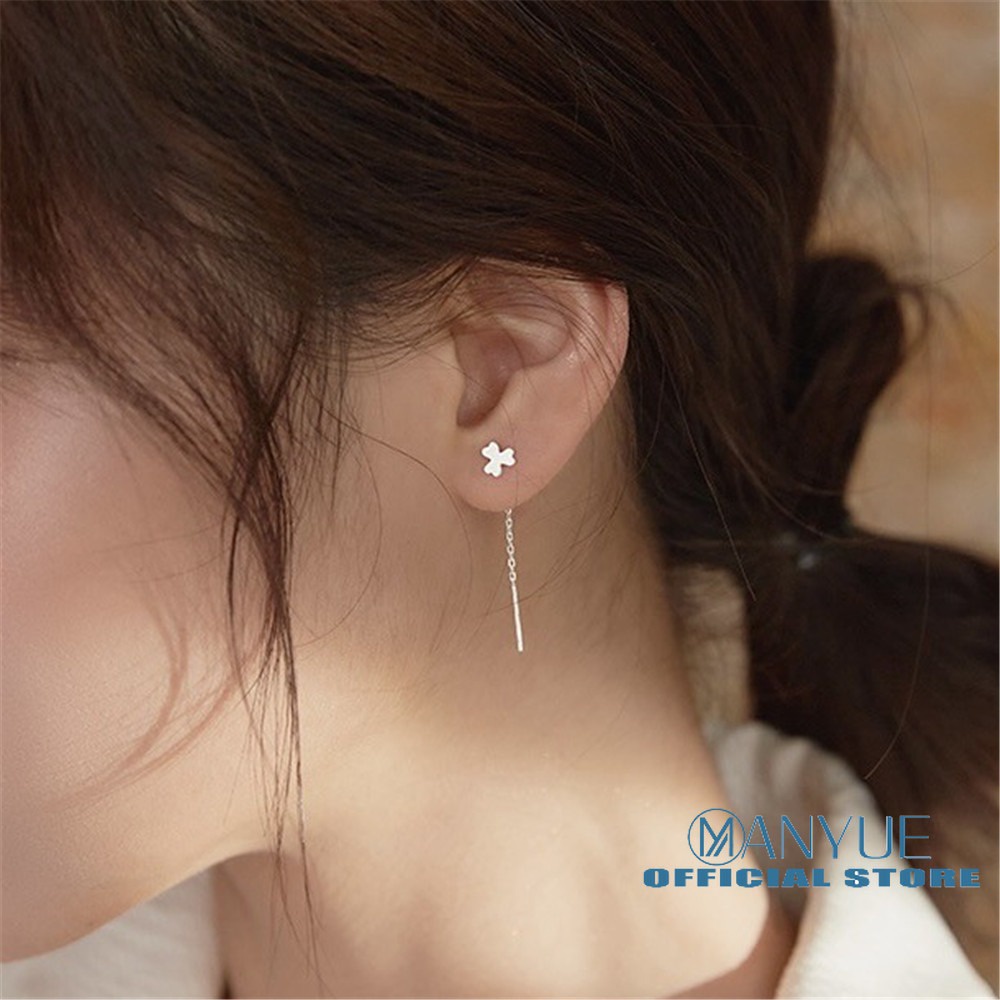 Khuyên tai MANYUE S925 kim bạc kiểu cánh hoa may mắn tua rua phong cách Hàn Quốc thời trang dành cho nữ