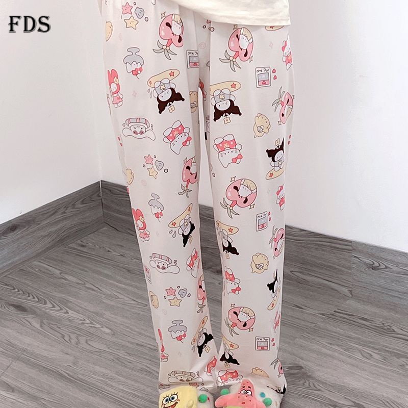 Fds phim hoạt hình quần pyjama in cho phụ nữ mùa xuân và mùa thu mới mùa hè quần âu rộng rãi đầy màu sắc clow m quần ở nhà