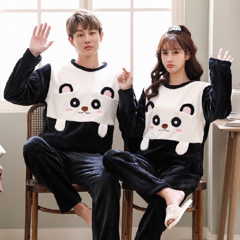 Autumn winter couple men women flannel warm long-sleeved pyjamas round neck pullover coral fleece loun
