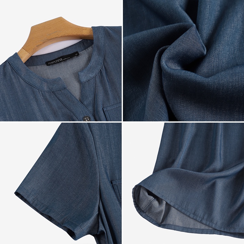 Zanzea phụ nữ hàn quốc tay ngắn v-cổ eo dây rút váy denim | BigBuy360 - bigbuy360.vn