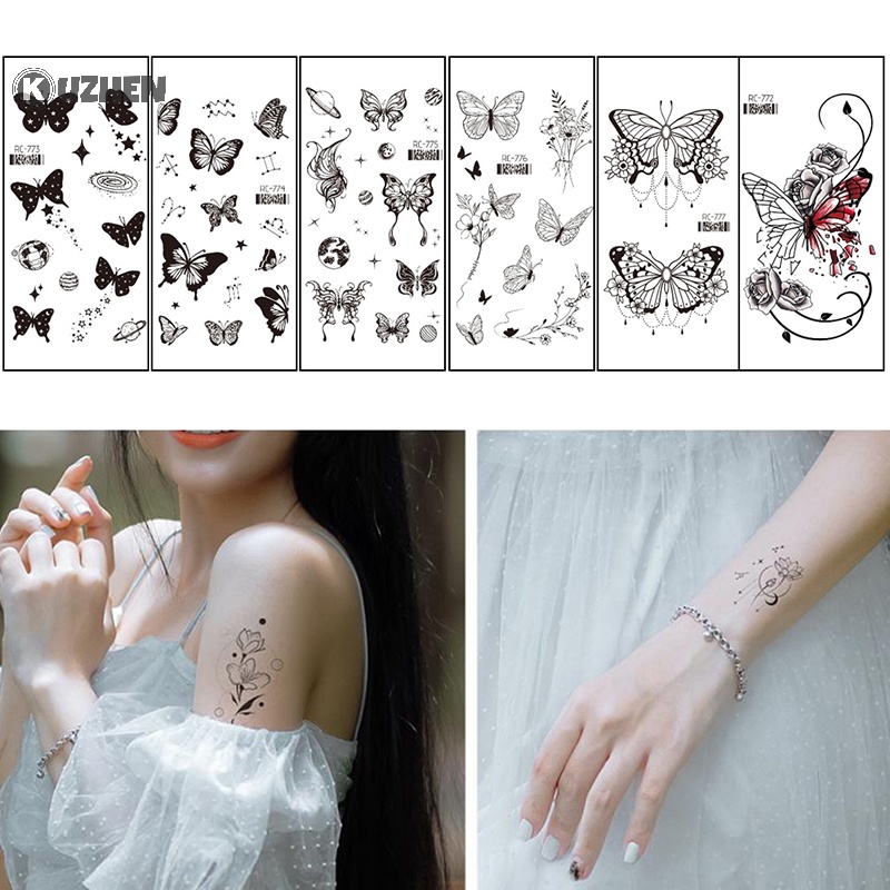 Kuzhen không thấm nước hình xăm tạm thời dán bướm đen hoa hồng chuyển flash tatoo hot