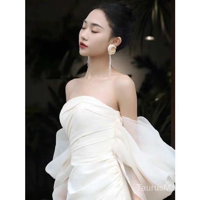 Classy super fairy one-shoulder evening dress dress cô dâu wedding dress robe high-end niche photo studio travel shooting korean light wedding dress