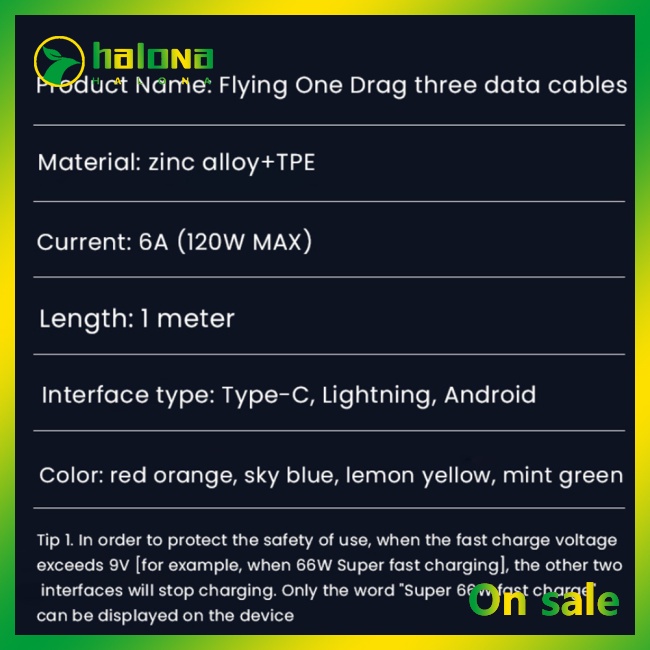 Halo 3-trong-1 6a 120w cáp sạc nhanh kim loại usb cáp sạc 8-pin tương thích cho iphone micro usb type-c