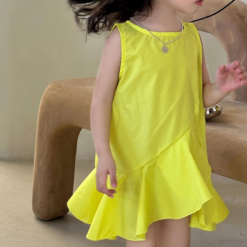 Trẻ em hàn quốc cô gái không tay màu rắn hem ruffled design dress