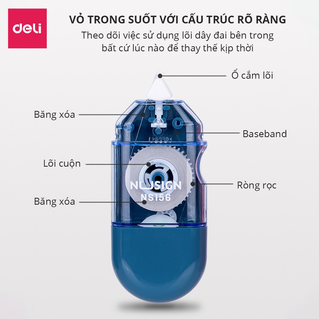 Bút xóa băng kéo 6m dạng film cao cấp Deli - Kích thước 6mx5mm - Trắng/Đỏ/Xanh dương/Xanh lá
