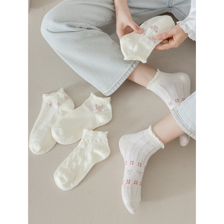 Vớ Thuyền Vải cotton Ren Mỏng Thoáng Khí Miệng Nông Kiểu lolita Nhật Bản Dễ Thương