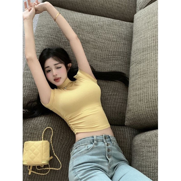 COZOK Áo Thun Ngắn Tay Cổ Cao Dáng Ôm Thời Trang Dành Cho Nữ