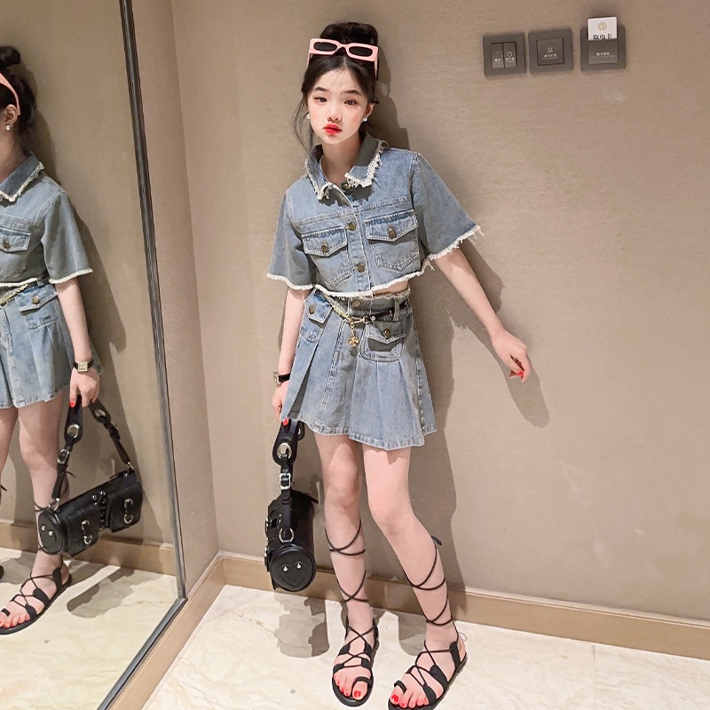Set Áo Sơ Mi Ngắn Tay + Chân Váy Denim Thời Trang Mùa Hè Cho Bé Gái