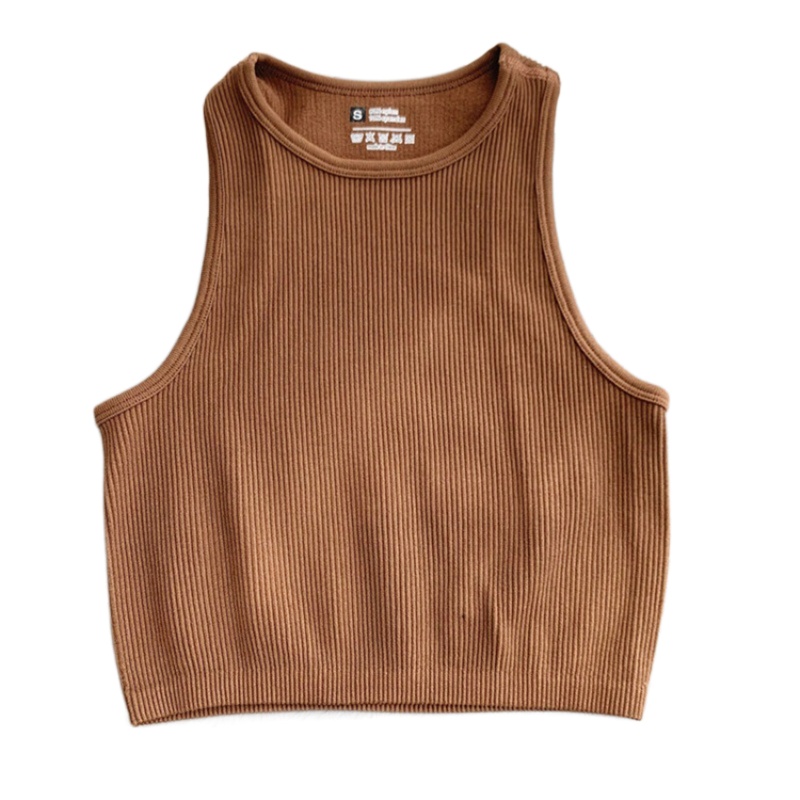 Áo Croptop Dệt Kim Sát Nách Cổ Tròn Có Gân Đơn Giản Cho Nữ Tập Yoga / Thể Thao