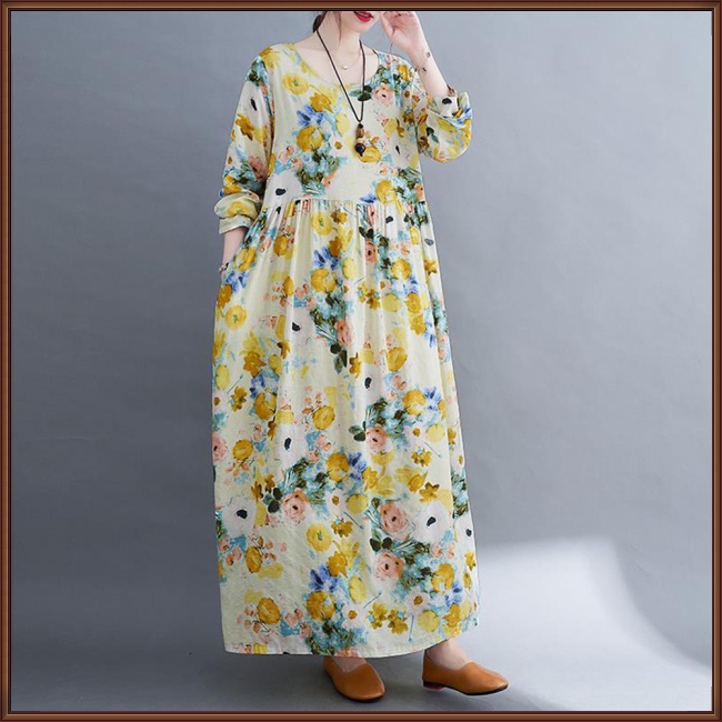 Đầm Midi Chữ A Tay Dài Dáng Rộng In Họa Tiết Hoa Phong Cách Cổ Điển Thời Trang Cho Nữ