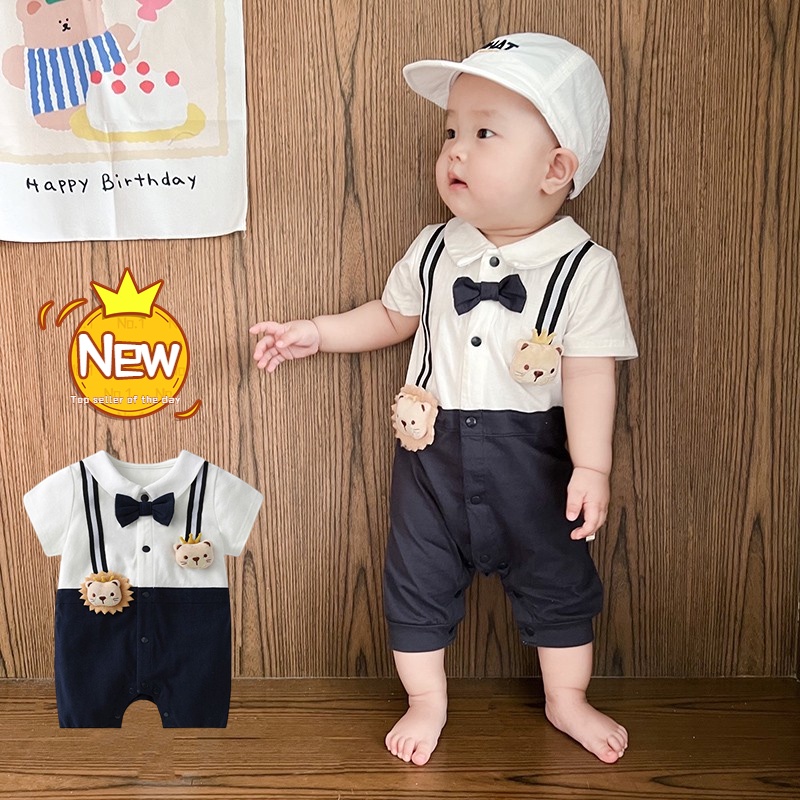 Bộ Áo Liền Quần Bằng Cotton Tay Ngắn Phong Cách Anh Quốc Thời Trang Mùa Hè Mới Cho Bé Trai 0-24 Tháng Tuổi