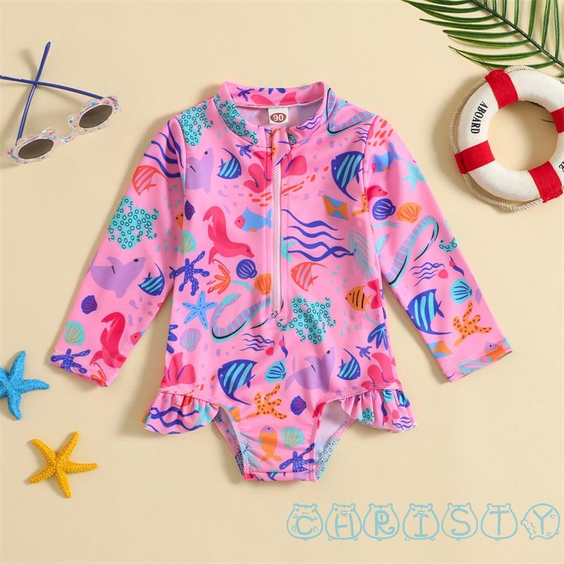 Bộ Đồ Bơi Cổ Đứng Tay Dài In Hình Động Vật Biển Thời Trang Mùa Hè Cho Bé Gái