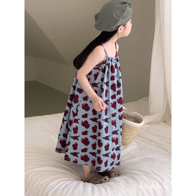 {New} girls' suspender dress summer ins children's sleeveless printed beach dress long dress baby dr