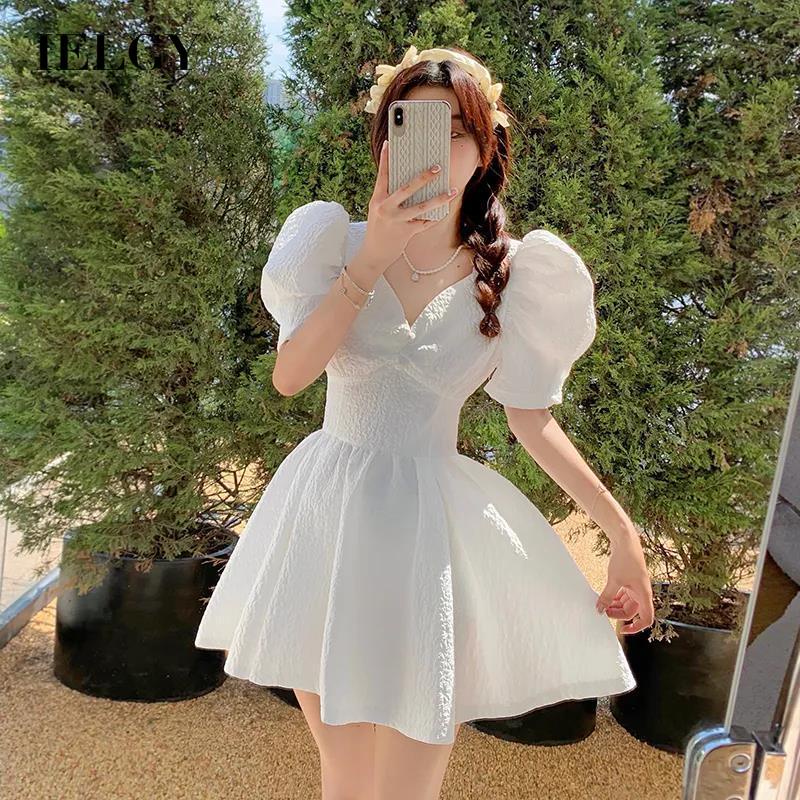 IELGY  Đầm Cổ Chữ v Tay Phồng Phong Cách Pháp Cổ Điển Thời Trang Cho Nữ