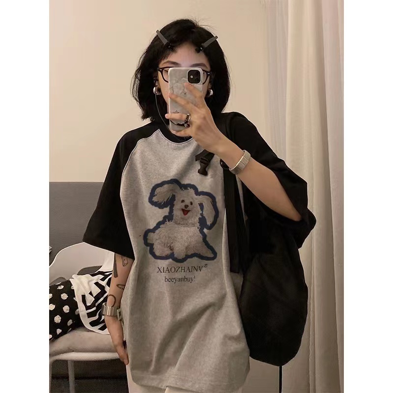 Áo Thun 100% Cotton Tay Ngắn Dáng Rộng In Họa Tiết Hoạt Hình Phong Cách Hàn Quốc Thời Trang Cho Nữ