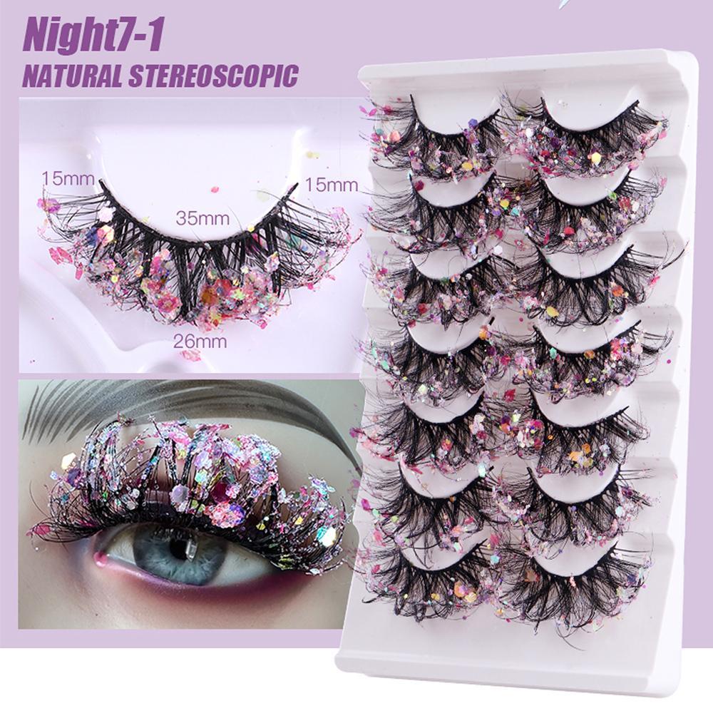 JUNE Bộ 7 Cặp Lông Mi Giả Có Nhũ Lấp Lánh Dùng Hóa Trang Halloween