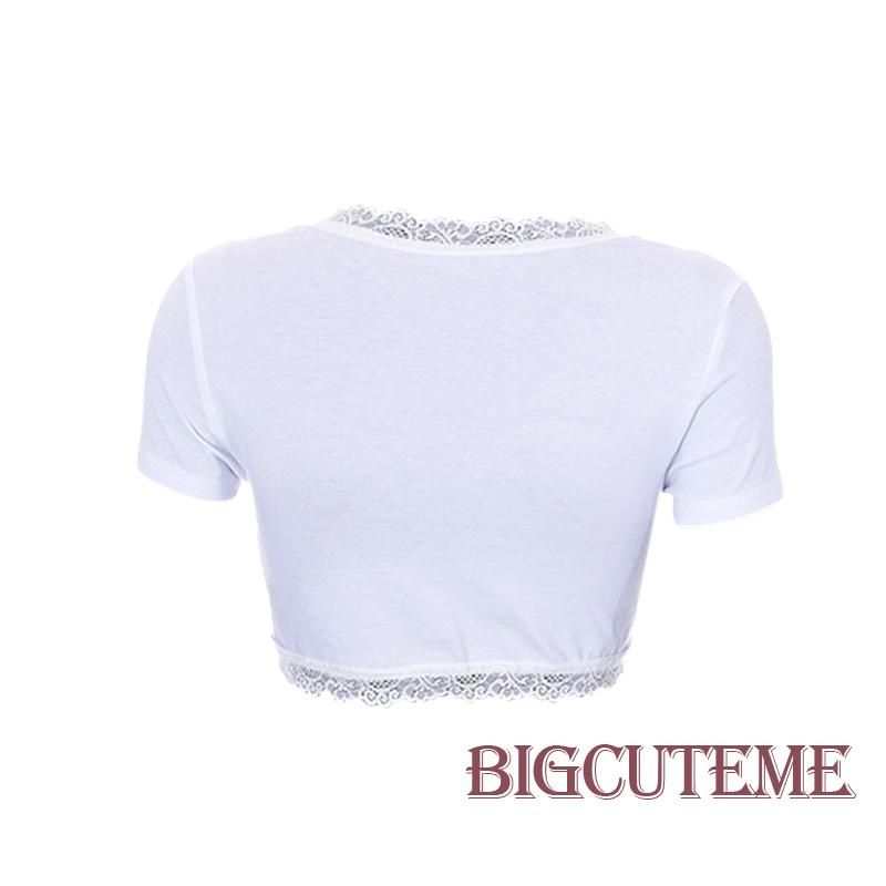 Áo Thun Crop Top Tay Ngắn Cổ Chữ V Phối Ren Thời Trang Mùa Hè Màu Trắng Cho Nữ