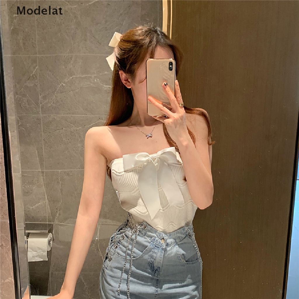 GJCUTE Áo Croptop Dệt Kim Không Tay Dáng Ôm Màu Trơn Đính Nơ Gợi Cảm Thời Trang Mùa Hè Cho Bạn Gái