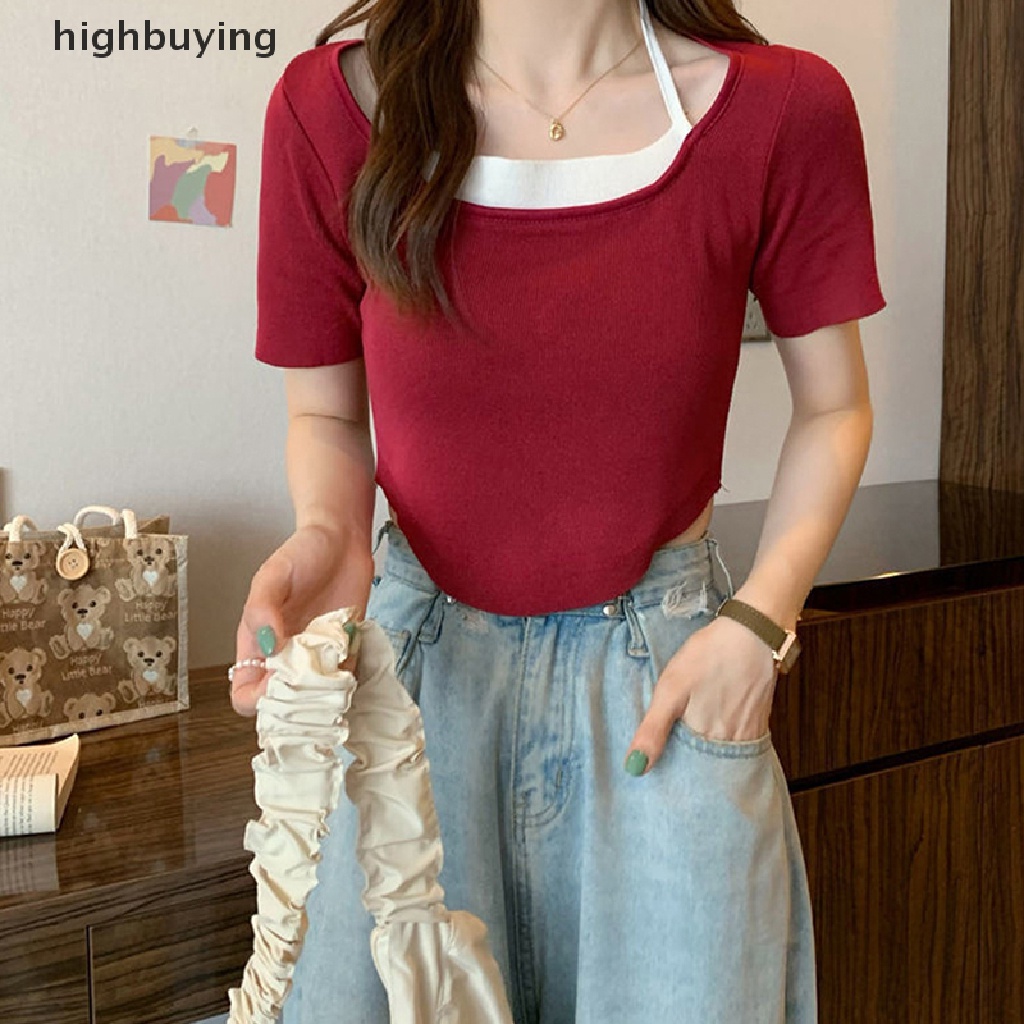 Áo Thun Lửng Ngắn Tay Cổ Vuông Phong Cách Quyến Rũ Dành Cho Nữ