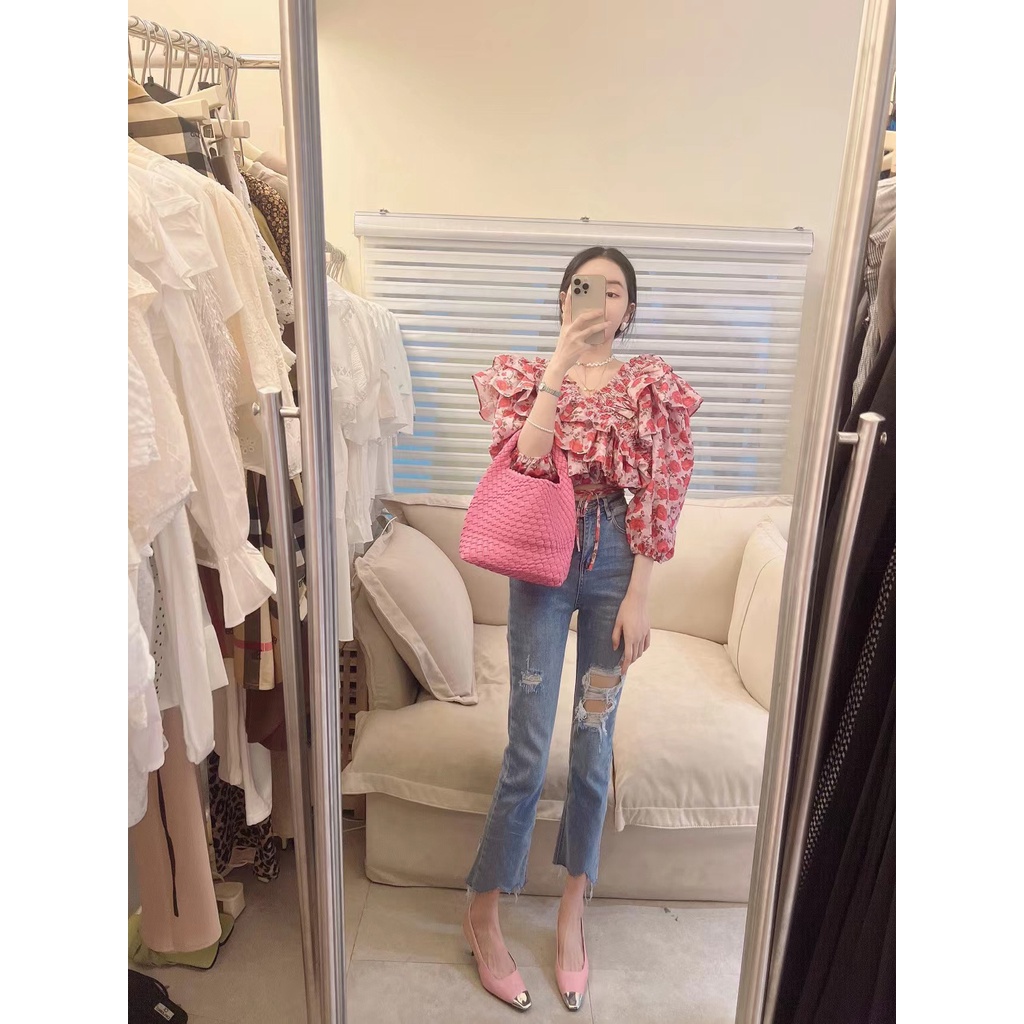 Áo Sơ Mi Tay Phồng Cổ Chữ V In Họa Tiết Hoa Thời Trang Dành Cho Nữ