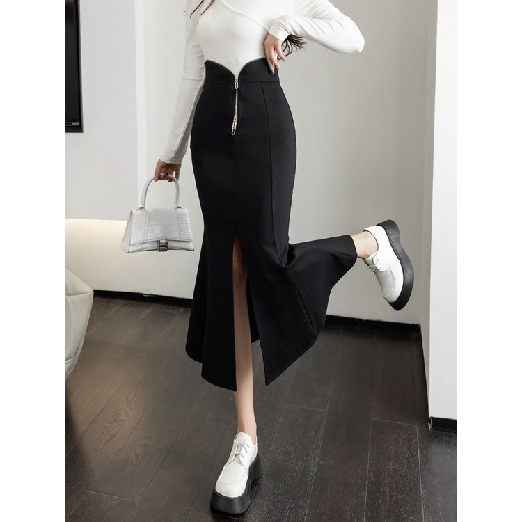 Chân Váy Đuôi Cá Dáng Chữ A Lưng Cao Màu Đen Thời Trang Thu Đông 2023