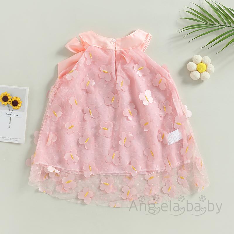 Đầm Lưới Không Tay Cổ Tròn Họa Tiết Bướm 3D Cho Bé Gái