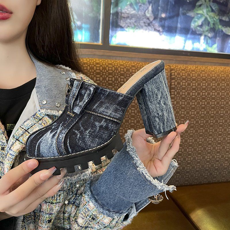 Dép Cao Gót Đế Dày Chất Liệu Denim Thời Trang Trẻ Trung
