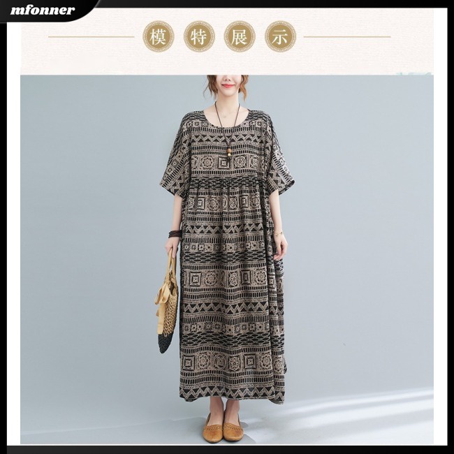 Đầm Midi Chữ A Tay Ngắn Dáng Rộng In Họa Tiết Phong Cách Bohemian Cổ Điển Thời Trang Mùa Hè Cho Nữ