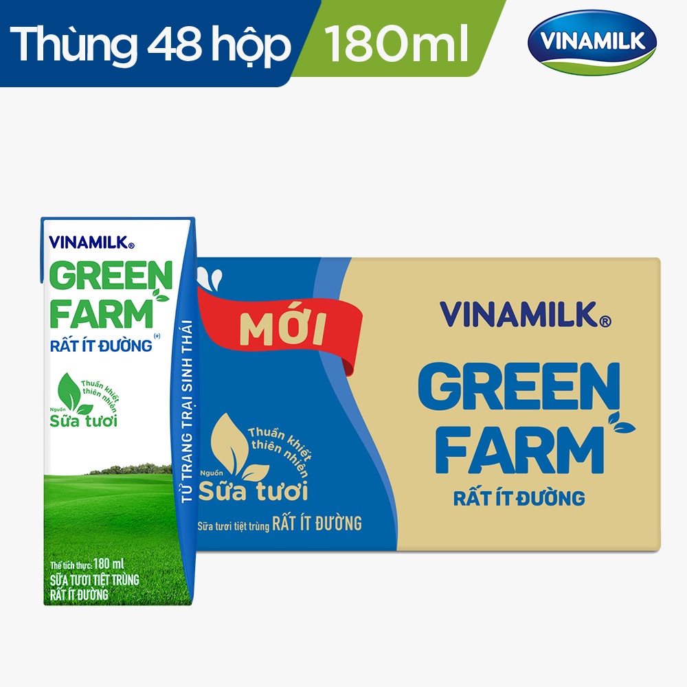 Thùng 48 Hộp Sữa Tươi Tiệt Trùng Vinamilk Green Farm Rất ít đường - Lốc 4 Hộp 180ml