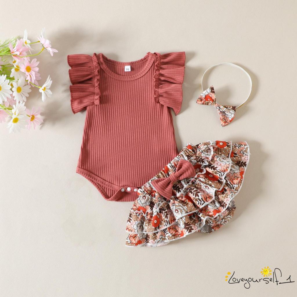 Bộ Áo Liền Quần Tay Xòe + Quần Culottes Hoa + Băng Đô Cài Tóc Thời Trang Mùa Hè Cho Bé Gái B930G