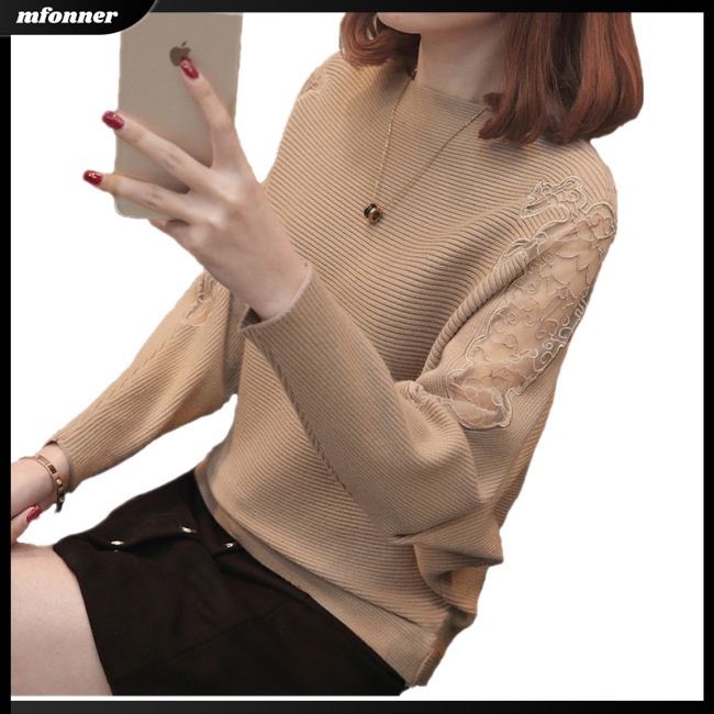 Áo Sweater Dệt Kim Cánh Dơi Phối Ren Màu Sắc Ngọt Ngào Cho Nữ