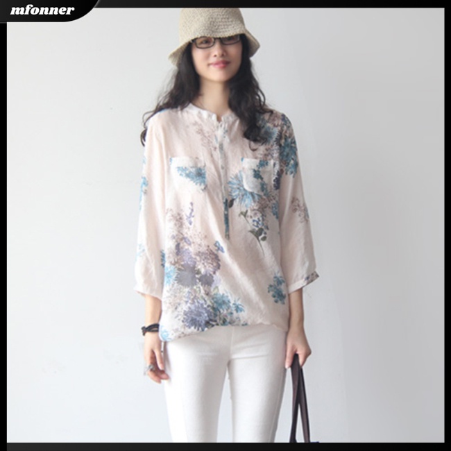 Áo Sơ Mi Cotton Lanh Ngắn Tay Họa Tiết Hoa Thời Trang Cho Nữ