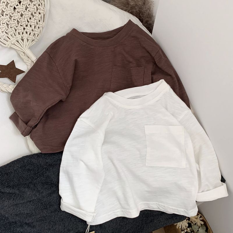 Phiên Bản Sạch Sẽ Siêu Dễ Mặc!Áo Thun Tay Dài Có Túi Chất Liệu Cotton Phong Cách Hàn Quốc Cho Bé Trai / Gái