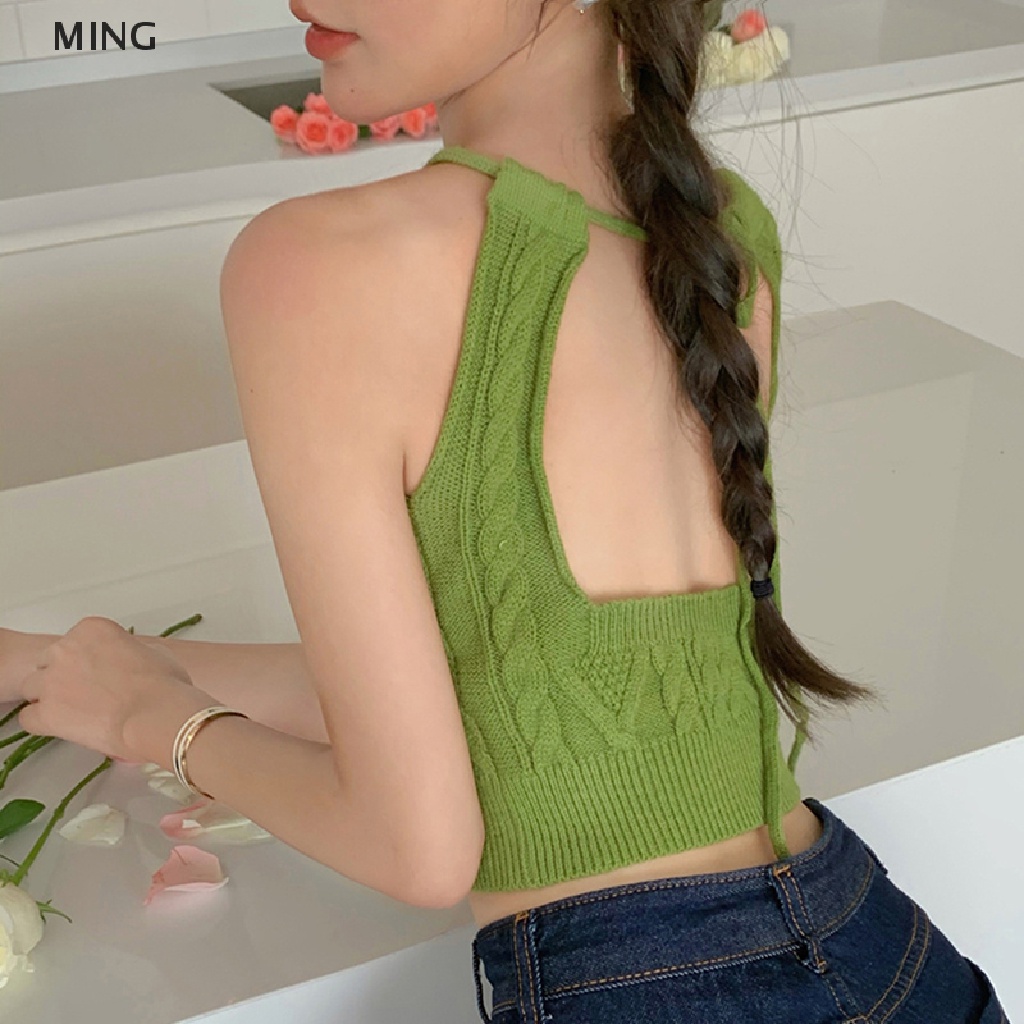 Áo Croptop Dệt Kim Không Tay Hở Lưng Phối Ren Gợi Cảm