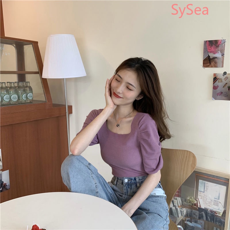 Áo Dệt Kim Tay Phồng Cổ Vuông Xếp Ly Xinh Xắn Cho Nữ