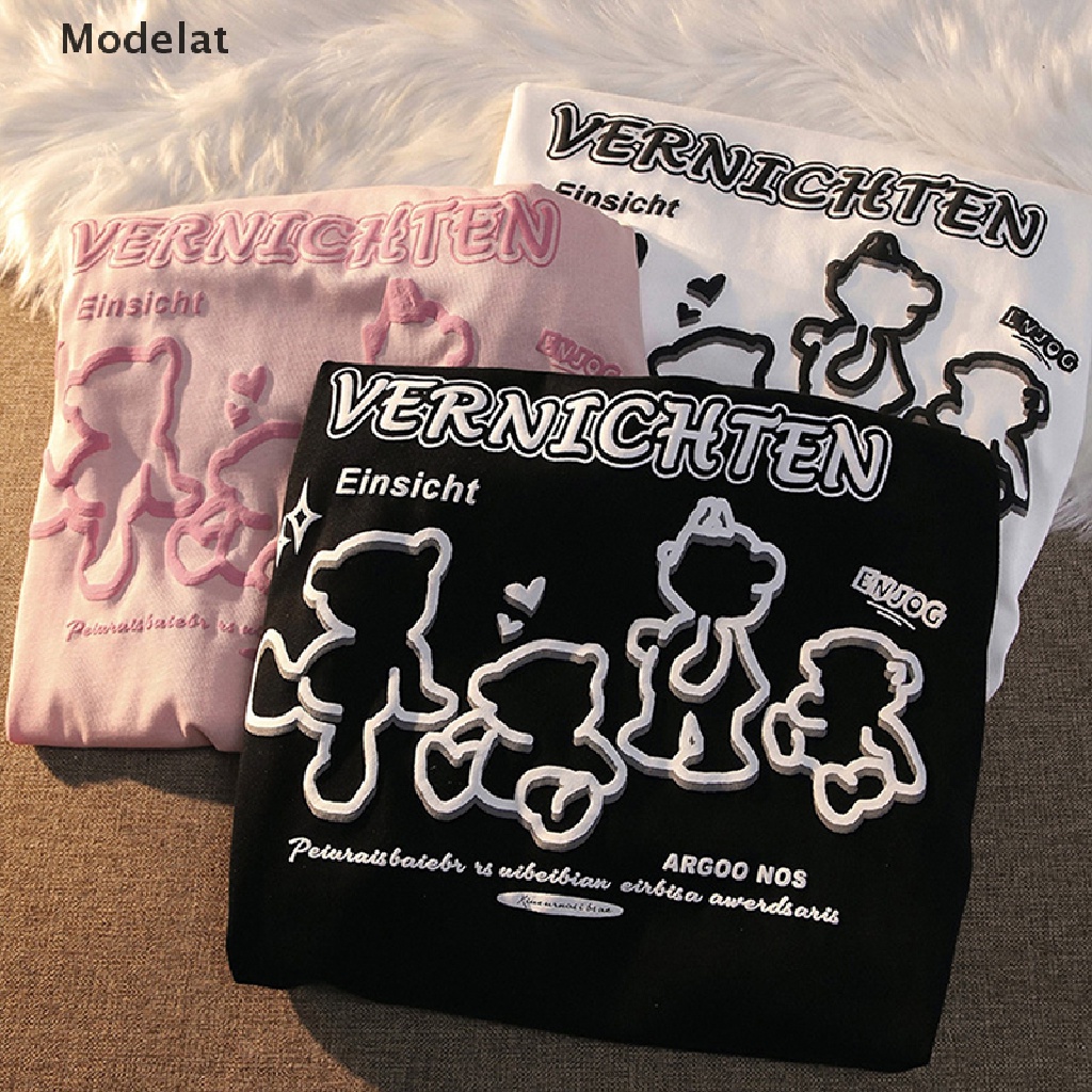 Áo Thun Tay Ngắn Cổ Tròn Dáng Rộng In Hình Gấu Kiểu Retro Mỹ Dễ Thương Cho Nữ