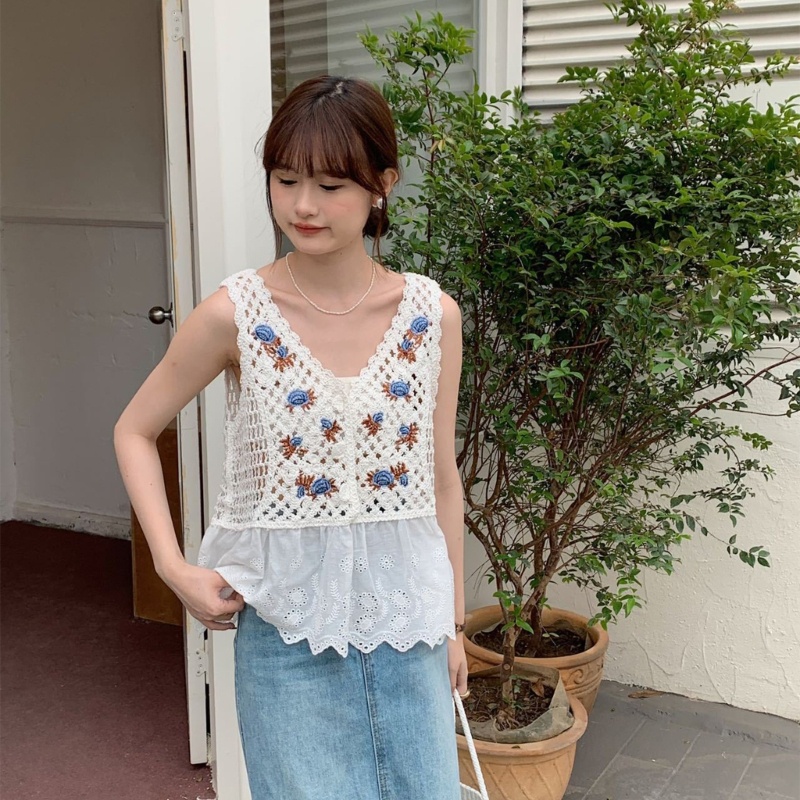 Xiangbao Áo T Đan Móc Viền Ren Thêu Hoa Phong Cách Ngọt Ngào Thời Trang Mùa Hè