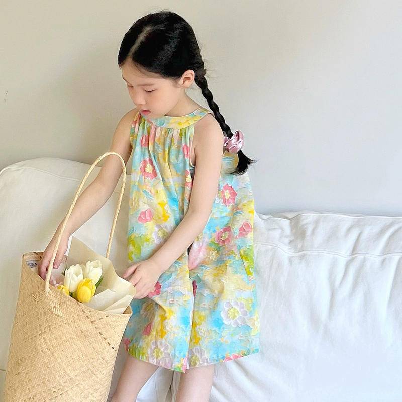 Đầm Công Chúa Hai Dây Mùa Hè 2023 In Họa Tiết Tranh Sơn Dầu Phong Cách Hàn Quốc Mới Cho Bé Gái