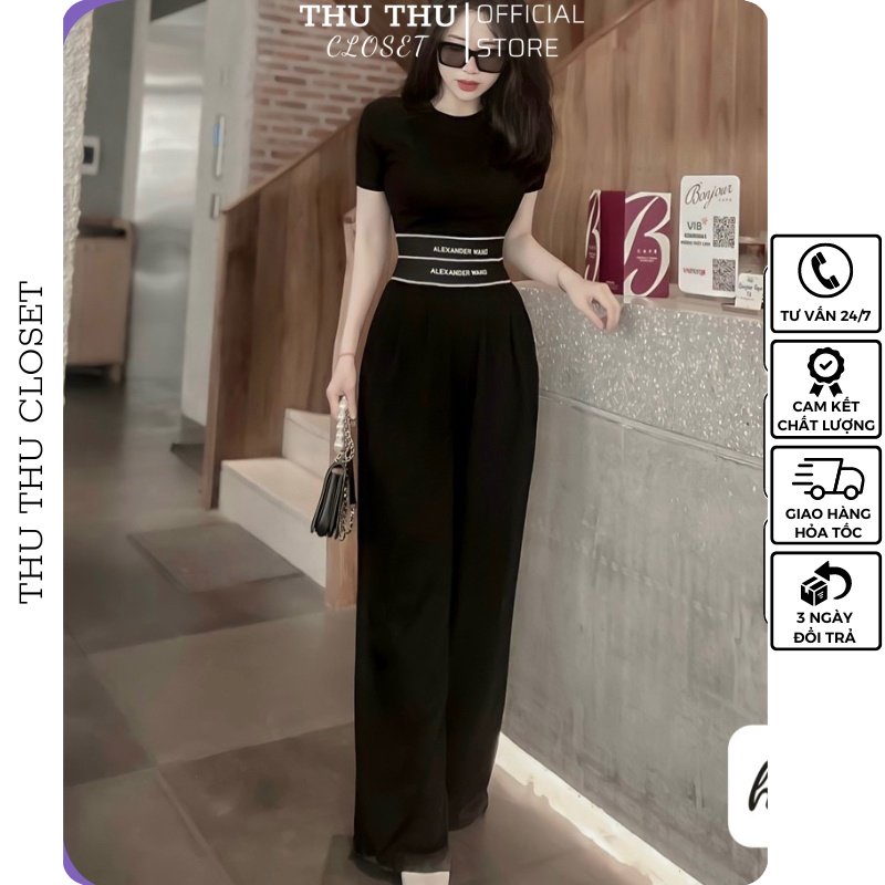 Set bộ áo cộc tay croptop phối quần xuông cạp chữ W.ANG màu đen siêu chất