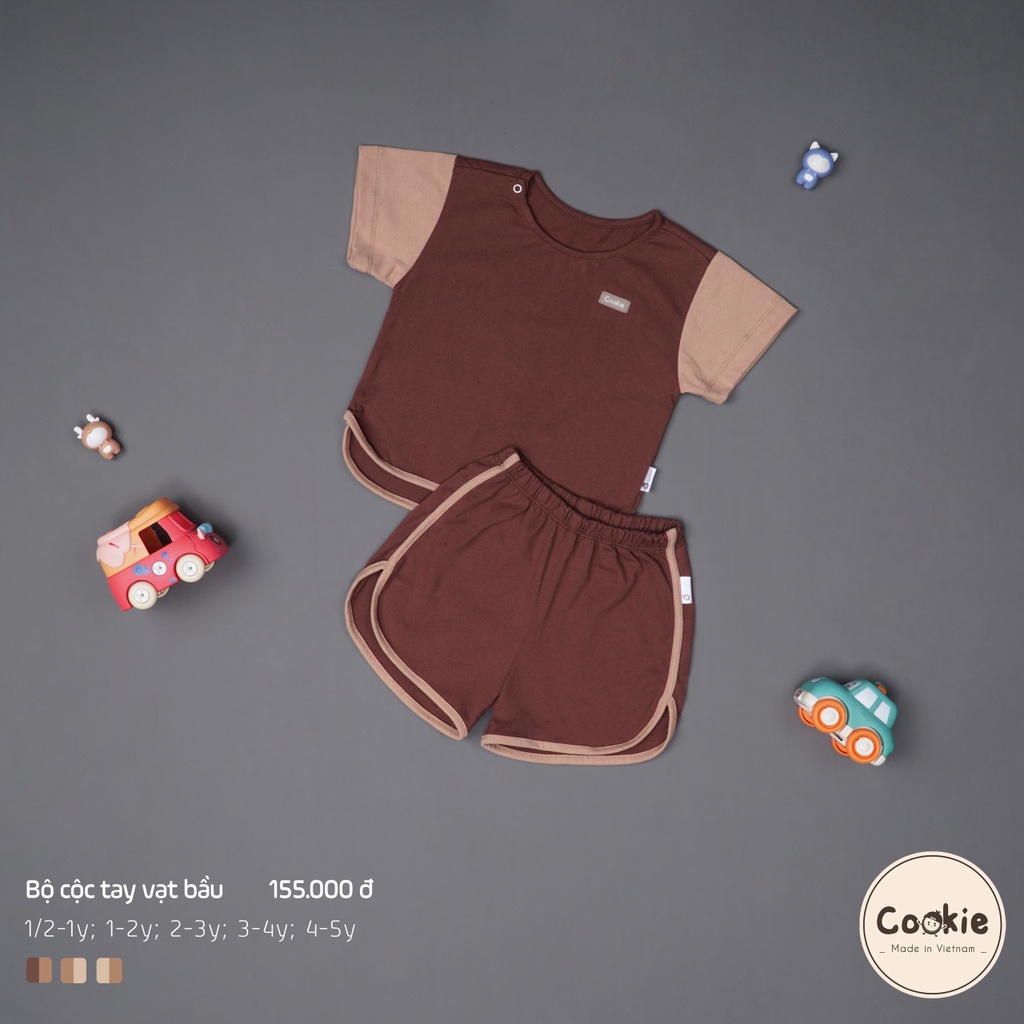 Bộ cộc tay vạt bầu bbes trai bé gái Cookie size 1y-6y chất cotton co giãn thấm hút mồ hôi