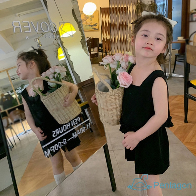 Bộ Áo Cotton Cổ Vuông + Quần Short Dáng Rộng Màu Trơn Thời Trang Mùa Hè Cho Bé Gái