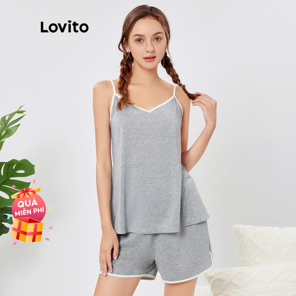 Bộ đồ ngủ Lovito màu trơn ghép nối màu sắc phong cách cơ bản thường ngày L26AD085 (màu xám)
