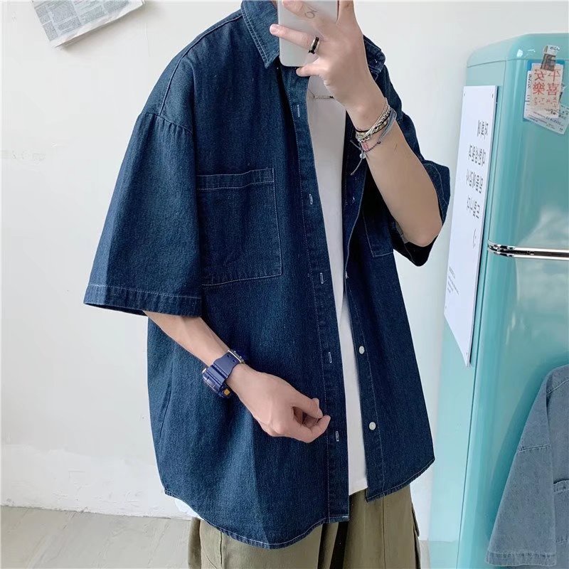 Áo Sơ Mi Denim Tay Ngắn Phong Cách Retro Hong Kong Thời Trang Mùa Hè Mới Cho Nam