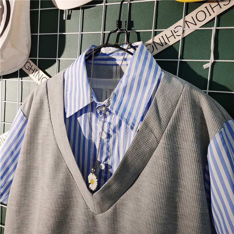 Áo Sơ Mi Giả Hai Lớp + Quần Short Dáng Rộng Thời Trang Mùa Hè Cho Nam