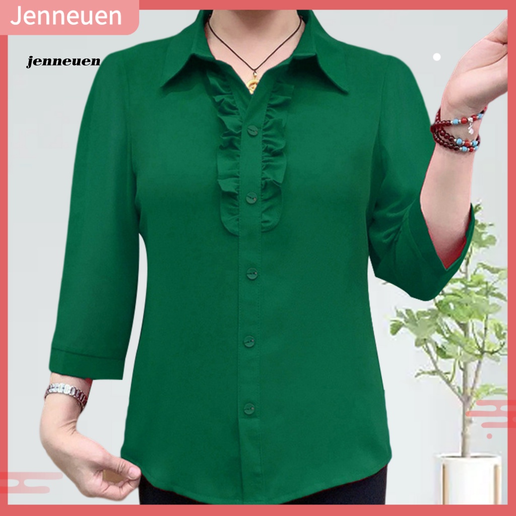 Áo Sơ Mi Tay Lỡ 3 / 4 Một Hàng Nút Đơn Màu Trơn Dành Cho Nữ